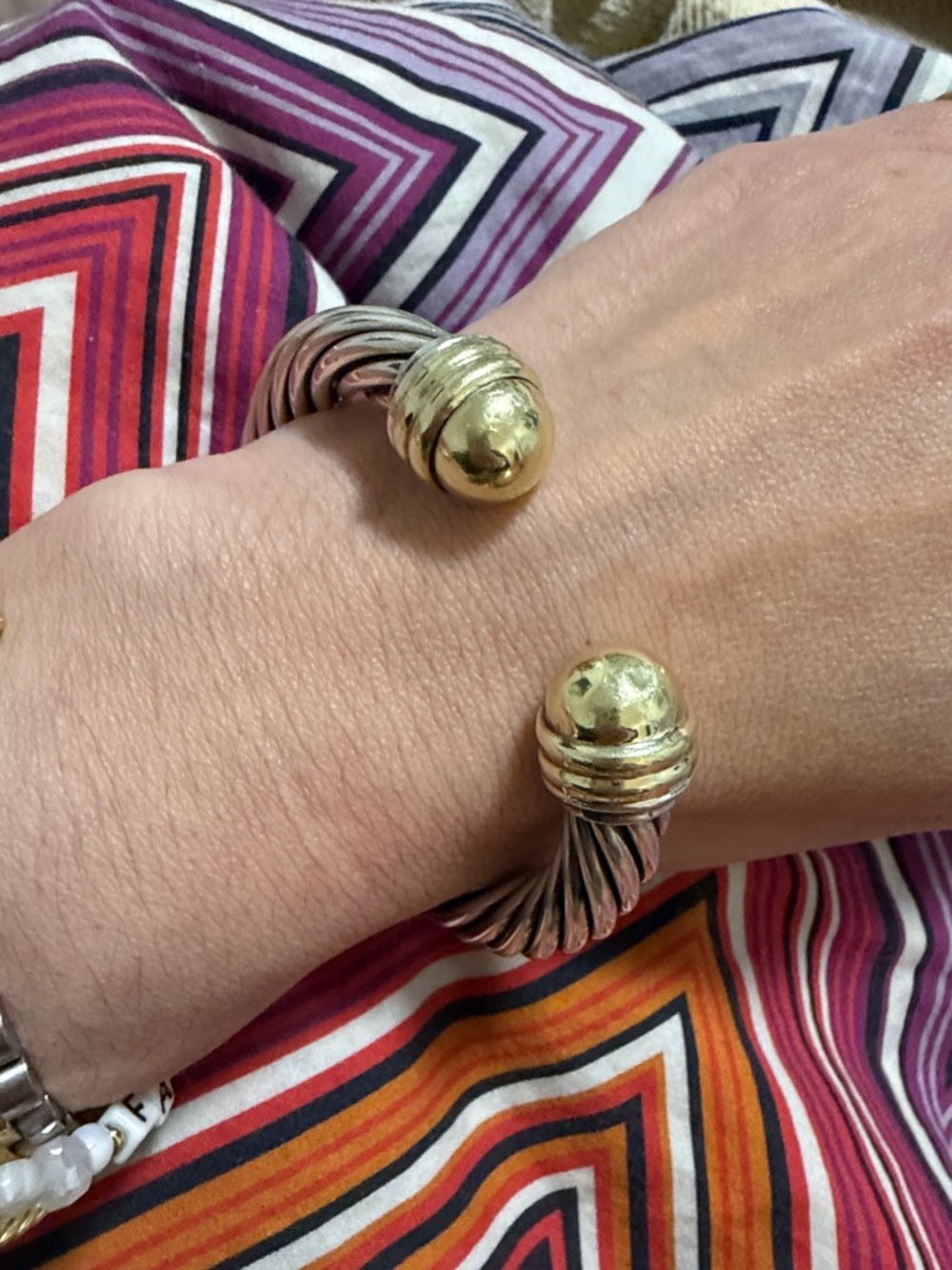 David Yurman Two-Tone Twisted Cable Open Cuff Bracelet - Silver and Gold Accents - Picture 2 of 4